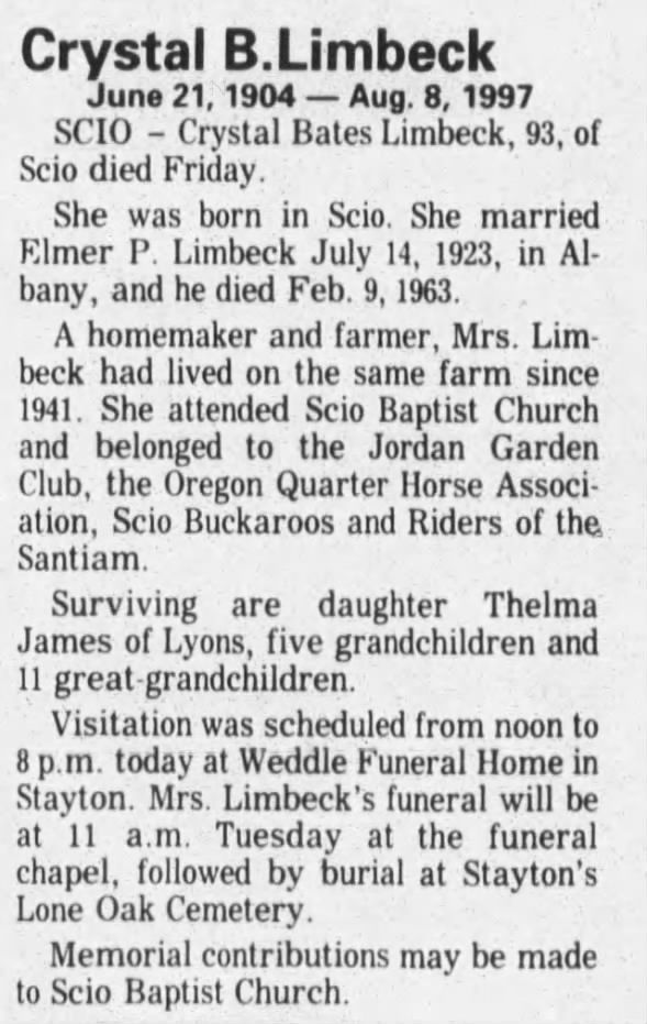 Obituary for Crystal Bates Limbeck, 1904-1997 (Aged 93)